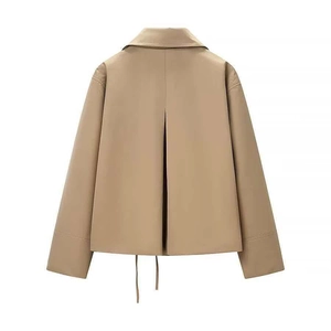 Back view of a khaki short trench jacket with pleated design and adjustable hem drawstring