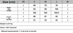 Size chart for women high waist flare pants with 100% polyester fabric details