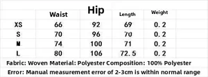 Guide des tailles pour jupe en satin montrant les mesures de taille et hanches de XS à L