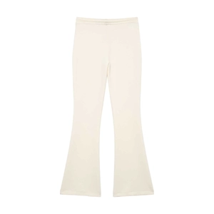 Detail of high waisted off-white flared trousers with elastic drawstring waistband