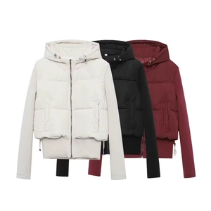 Women's stylish hooded short puffer jacket in black, white, and burgundy colors