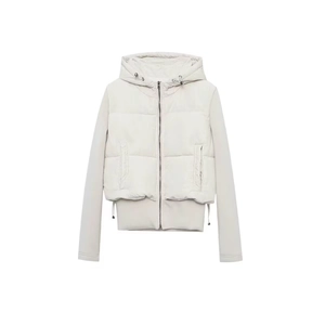 Women's minimalist cream hooded puffer jacket with quilted texture and drawstring hood