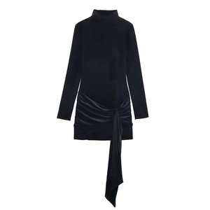 Vestito Mini da Donna Sexy in Velluto Nero Collo Alto Manica Lunga Increspato Con Fascia Elegante Aderente Party Dress
