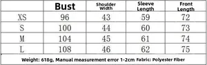 Detailed size chart for minimalist blend blazer showing bust, shoulder and sleeve measurements