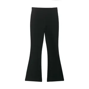 Detailed flat lay of black high waist flare trousers with adjustable drawstring waist