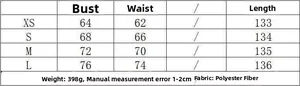Size chart for women's burgundy sequin maxi dress showing bust, waist, and length measurements