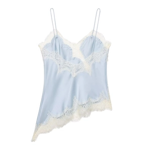 Detailed view of light blue satin camisole with delicate white lace trim and straps