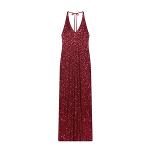 Women Sexy Burgundy Sequin Halter Neck Long Dress Deep V Neck Backless Evening Party Maxi Dress High Waist Slit Dress