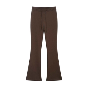 Women's high waist flare trousers in chocolate brown with adjustable drawstring