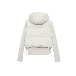 Back view of a cropped hooded puffer jacket with horizontal quilting and adjustable drawstrings