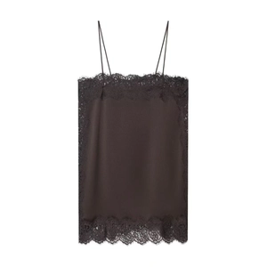 Detail of elegant dark satin camisole featuring black eyelash lace trim and silk texture