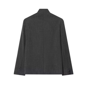 Minimalist grey blend blazer for women featuring a stand collar and back view detail