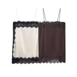 Detail of silk camisole tops with contrast eyelash lace trim and thin spaghetti straps