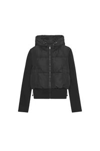 Detail of hooded padded jacket with quilted body, smooth sleeves and drawstring hem