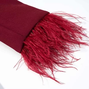 Détail du tissu bordeaux avec bordure luxueuse en plumes d'autruche sur le bord de manche