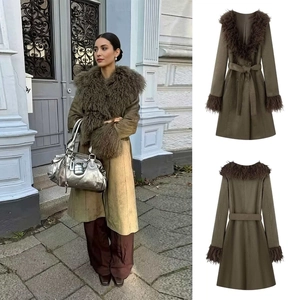 Vintage Olive Green Faux Suede Coat For Women Long Sleeve Double Breasted Slim Trench Coat With Belt Faux Fur Collar Outerwear