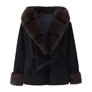 Elegant black wool coat for women with brown faux fur collar and waist tie belt