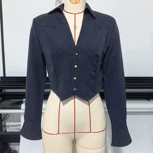 Women's casual striped cropped shirt with shoulder pads and gold buttons in dark coffee