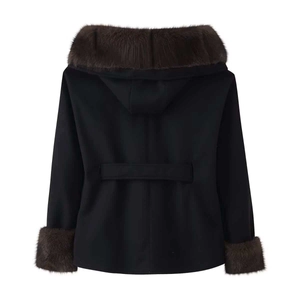 Women's black hooded wool coat featuring luxurious brown faux fur trim and back belt detail