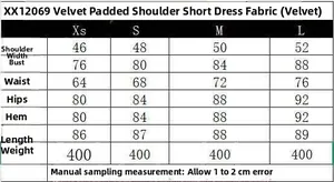 Size chart for velvet shoulder pad short dress with measurements from XS to L