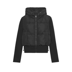 Women's chic black hooded quilted jacket with sleek sleeve patchwork and silver zipper