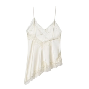 Detail of cream satin camisole with delicate lace trim and asymmetric hem design