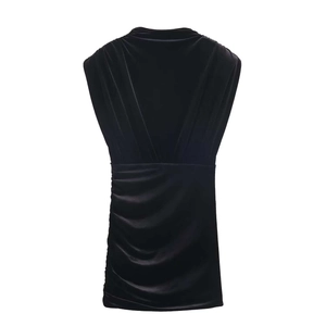 Elegant Women Velvet Ruched Mini Dress Sleeveless Padded Shoulder Stand Collar Slim Fit Bodycon Evening Party Dress