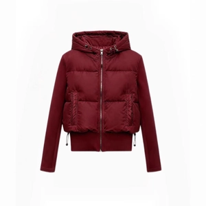 Short hooded puffer jacket in burgundy with quilted texture and drawstring waist design