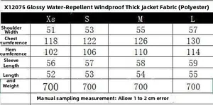 Detailed size chart for the shiny water-repellent windproof puffer jacket in multiple sizes