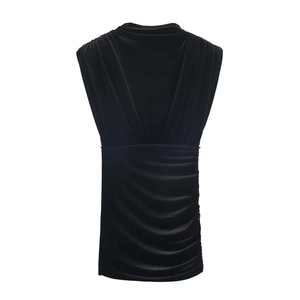 Elegant black sleeveless velvet ruched mini dress with padded shoulders and draped texture