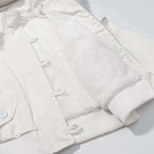 Short white hooded jacket for women with warm fleece lining and canvas exterior