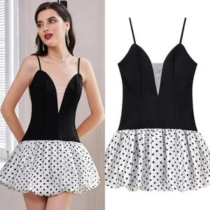 Robe Courte Sexy pour Femmes Col en V Profond à Pois Patchwork Sans Manches Taille Haute Jupe Bouffante Summer Party Clubwear