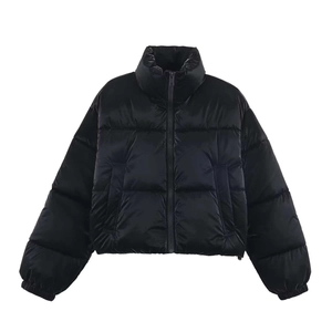 Glossy black windproof puffer jacket with stand collar and minimalist zip design