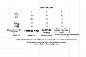 Size chart for women's V-neck knit sweater featuring S-L dimensions and fabric details