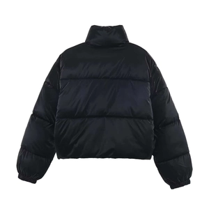 Short glossy black puffer jacket with waterproof finish and padded stand collar