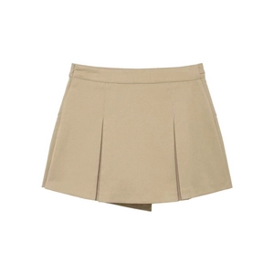 Jupe-short plissée kaki à taille haute pour femmes avec un design croisé asymétrique