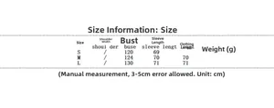 Size chart for women's winter loose fit stand collar jacket in sizes S, M, and L