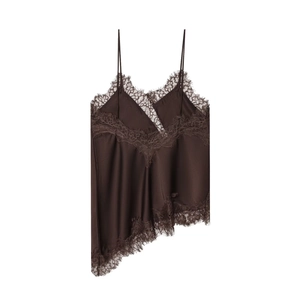 Detailed view of dark brown satin camisole with eyelash lace trim and asymmetric hem
