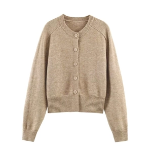 Women's crew neck knit cardigan in khaki, featuring a button-down front and raglan sleeves