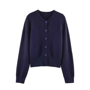 Classic dark blue crewneck knit cardigan with matte buttons and ribbed cuffs for women