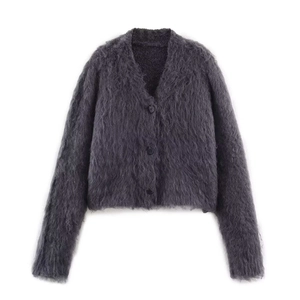 Women's V-neck dark grey mohair texture knit cardigan with black buttons on a white background