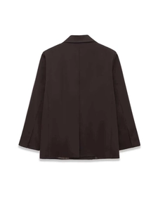 Detail view of the back of a dark gray oversized double-breasted blazer for women