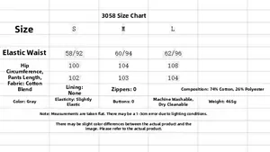 Size chart for gray cotton blend pants showing waist, hip, and length specs in S M L