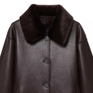Vintage dark brown faux leather jacket with plush fur collar and button closure for winter