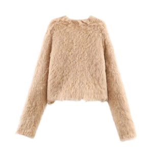 Detail view of the plush camel knit cardigan featuring soft curled faux fur texture