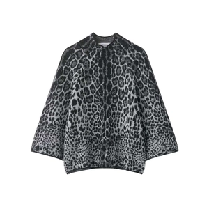 Women Loose Leopard Print Jacquard Knit Sweater Mock Neck Long Sleeve Casual Pullover Jumper Fashion Knitwear Tops