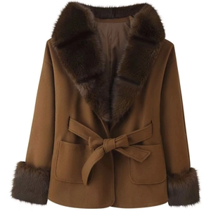 Women's brown winter wool coat with faux fur collar and waist tie belt