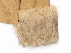 Close-up of tan suede jacket featuring thick faux fur trim on the sleeve and cuff