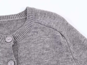 Detailed close-up of grey knit cardigan neckline with neat stitching and buttons