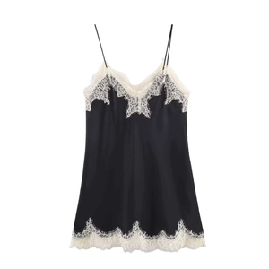 Elegant black satin slip dress with white lace trim and adjustable spaghetti straps